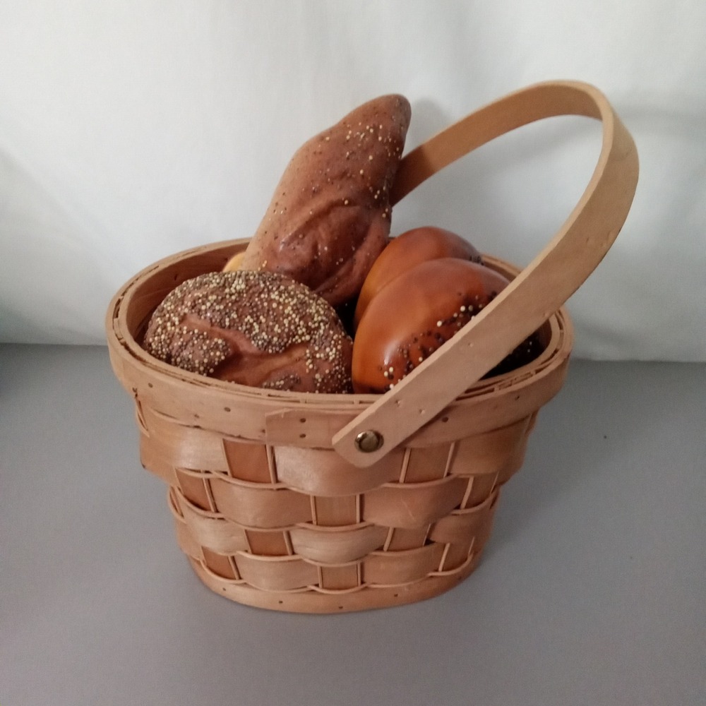 Rustic Woven Wood Basket with Realistic Faux Bread and Rolls Assortment 7pc Set